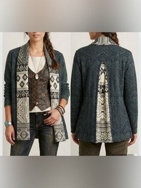 Women's Size S Open Cardigan Sweater Blue Tribal Aztec Print Boho Alpaca Blend